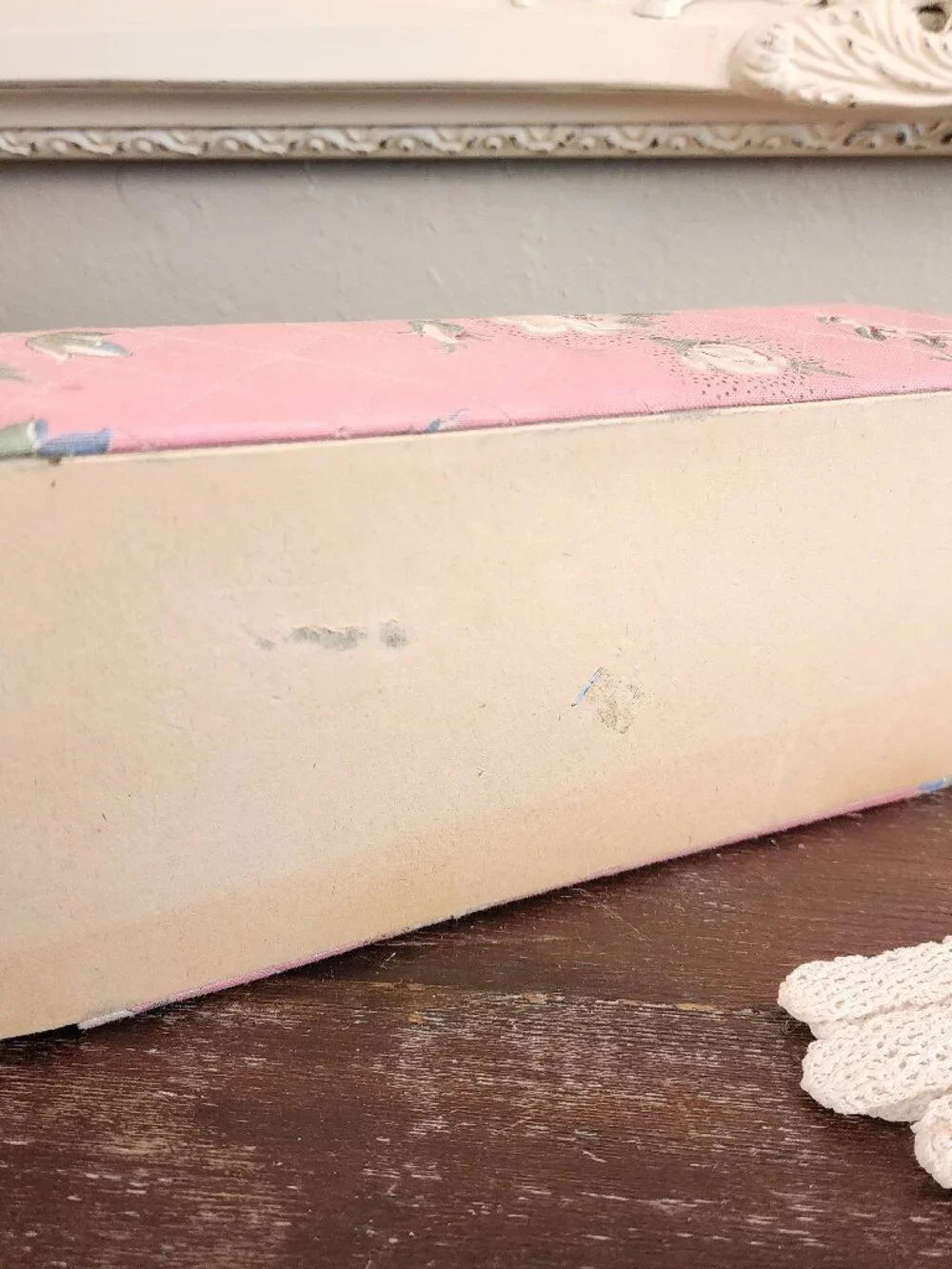 Vintage 1940's Pink Floral Covered Padded & Quilted Glove Dresser Box